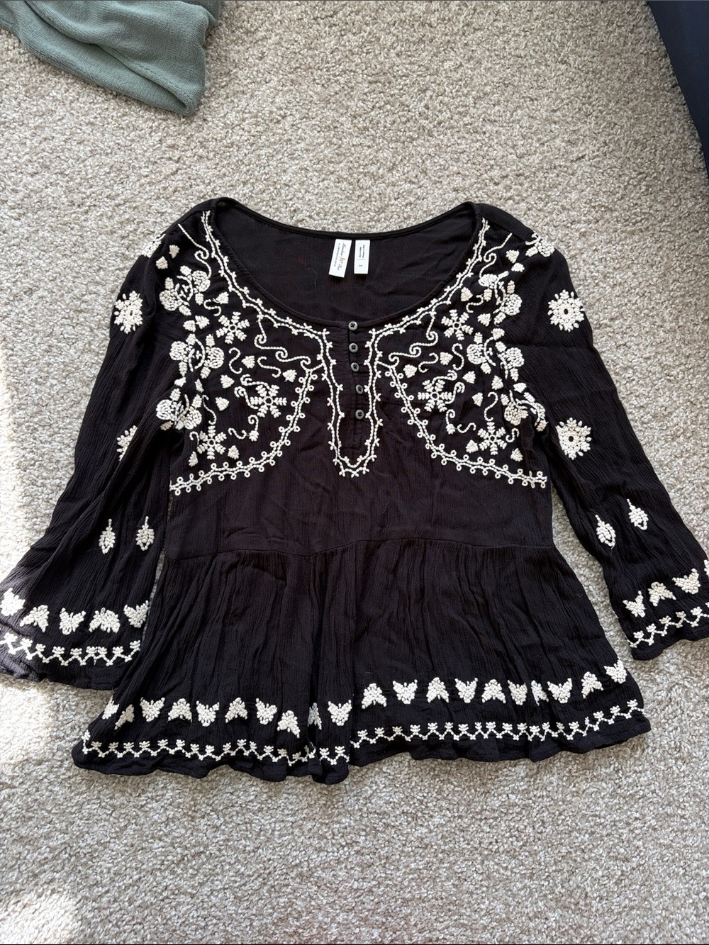 Anthropologie Black Tunic with White Embroidered Floral Detail